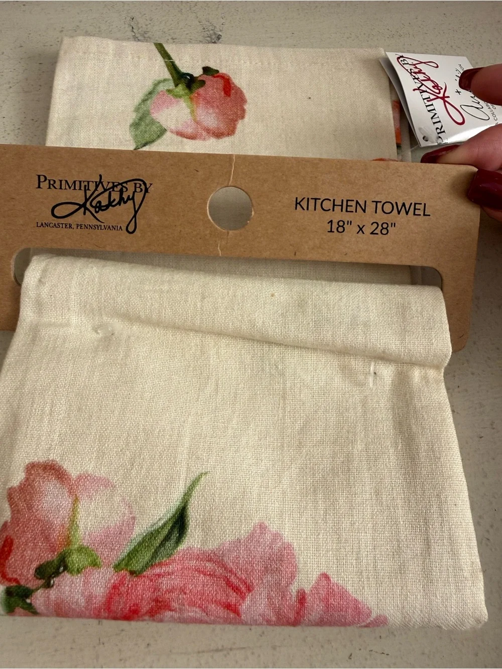 Primitives by Kathy Cream Towel with Pink Peony Design and Embroidered Script